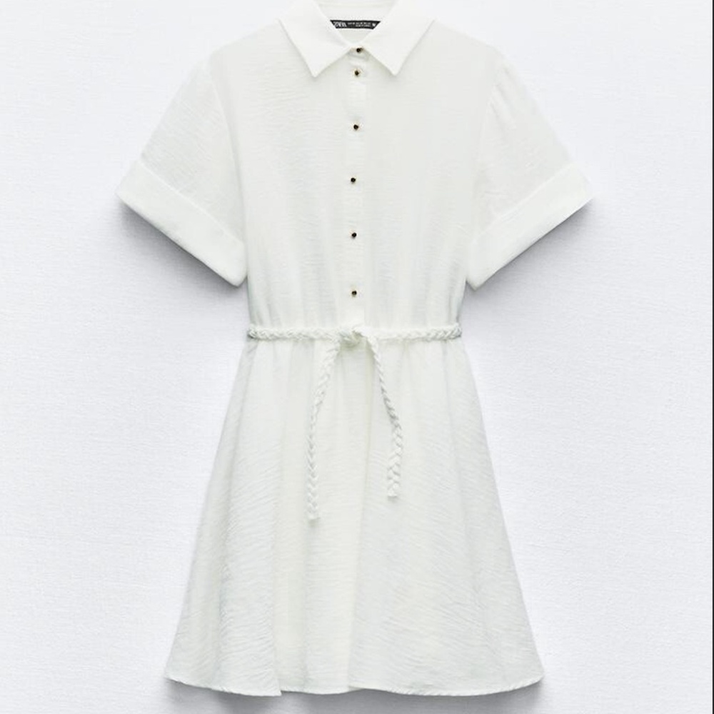 Zara Woven Belt Button Down Shirtdress - White